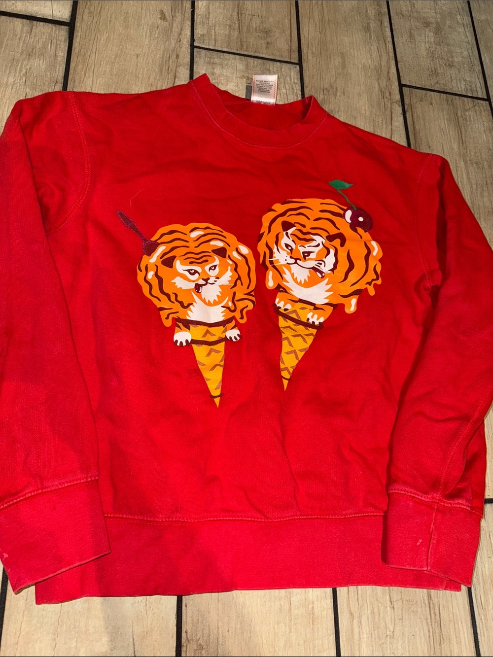 Men's Red Crewneck Sweatshirt with Twin Tiger Ice Cream Graphic
